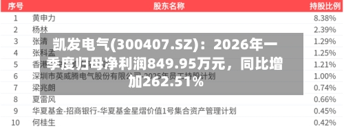 凯发电气(300407.SZ)：2026年一季度归母净利润849.95万元，同比增加262.51%